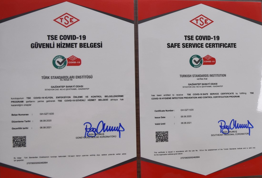 GAZİANTEP SANAYİ ODASI ‘COVID-19 GÜVENLİ HİZMET BELGESİ’ ALDI